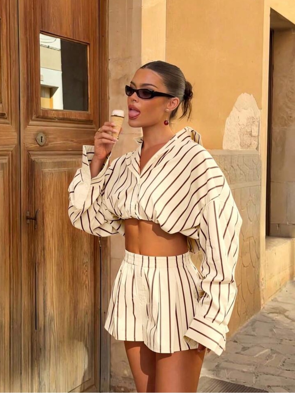 Striped Two-Piece Crop Top & Mini Skirt Set - Cream with Black Stripes